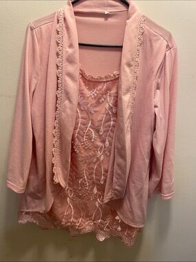 Pink Lace-Trim Cardigan & Sheer Embroidered Tank Set